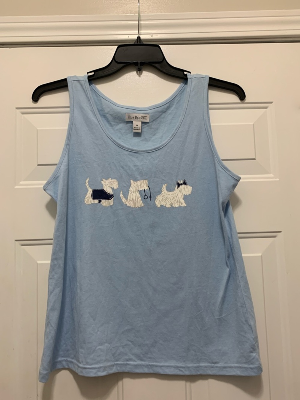 4/$10 Kim Rogers Cotton Blend Light Blue Sleeveless Tank White Scottie  Dogs